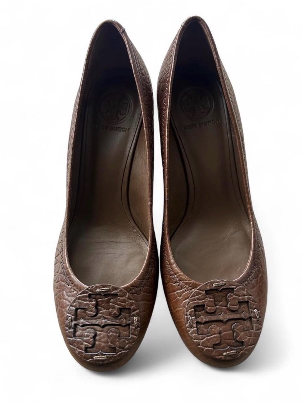 Tory Burch Brown Leather Logo Round-Toe  Wedge